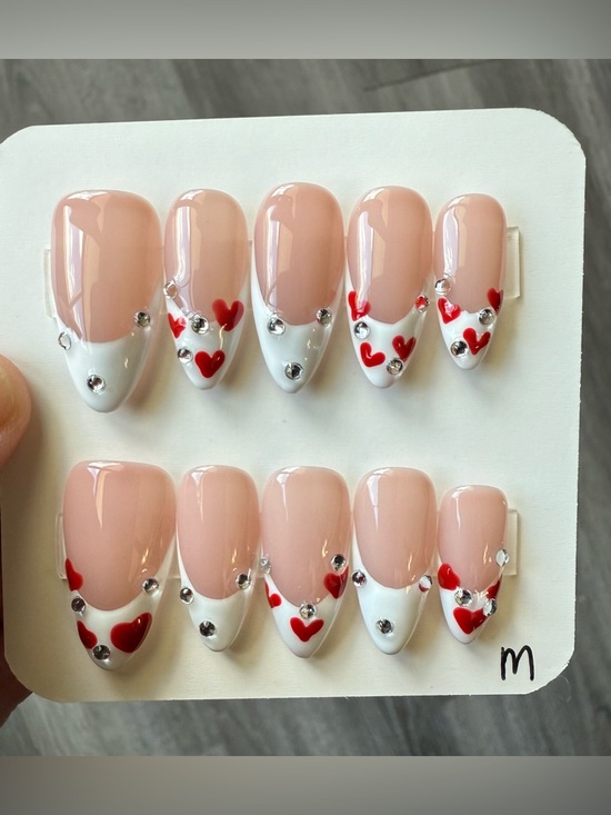 Handmade Other - Nude & White Heart French Press-On Nails with Red Hearts and Rhinestones